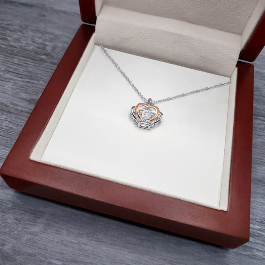Crown Heart Pendant Necklace in Rose Gold & Silver – Romantic Gift for Her