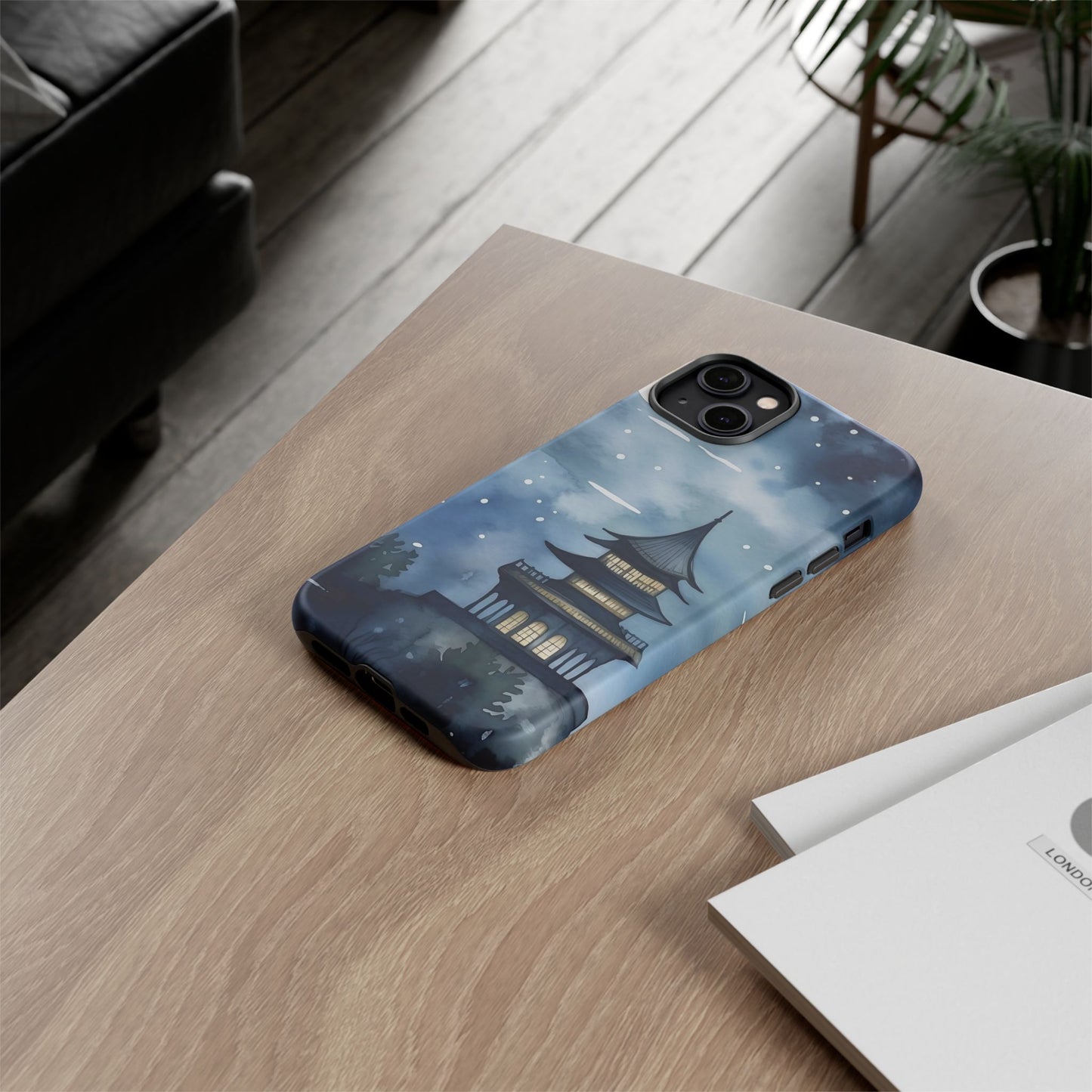 Winter Themed Phone Case, Night Sky Cell Phone Cover, Cozy Snowy Scene, Gift for Nature Lovers, Customizable Case