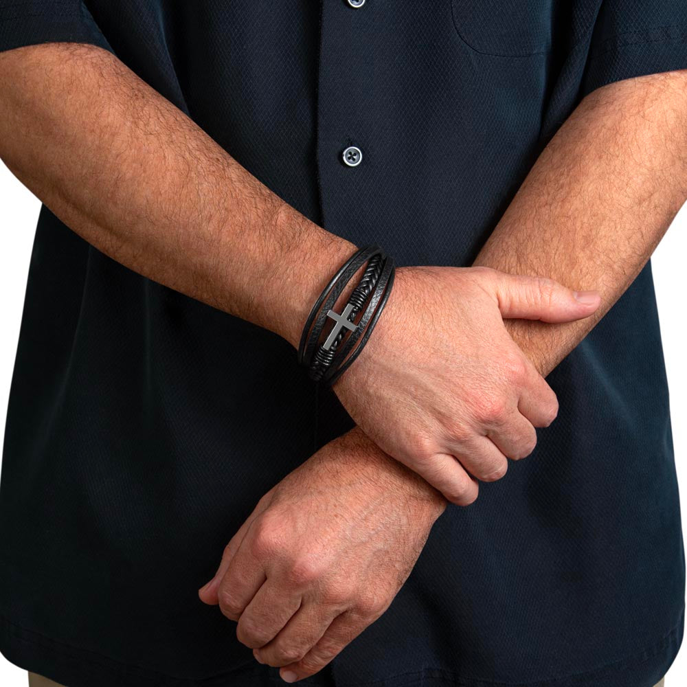 Men's Black Cross Vegan Leather Bracelet – Faith-Inspired Stylish Gift