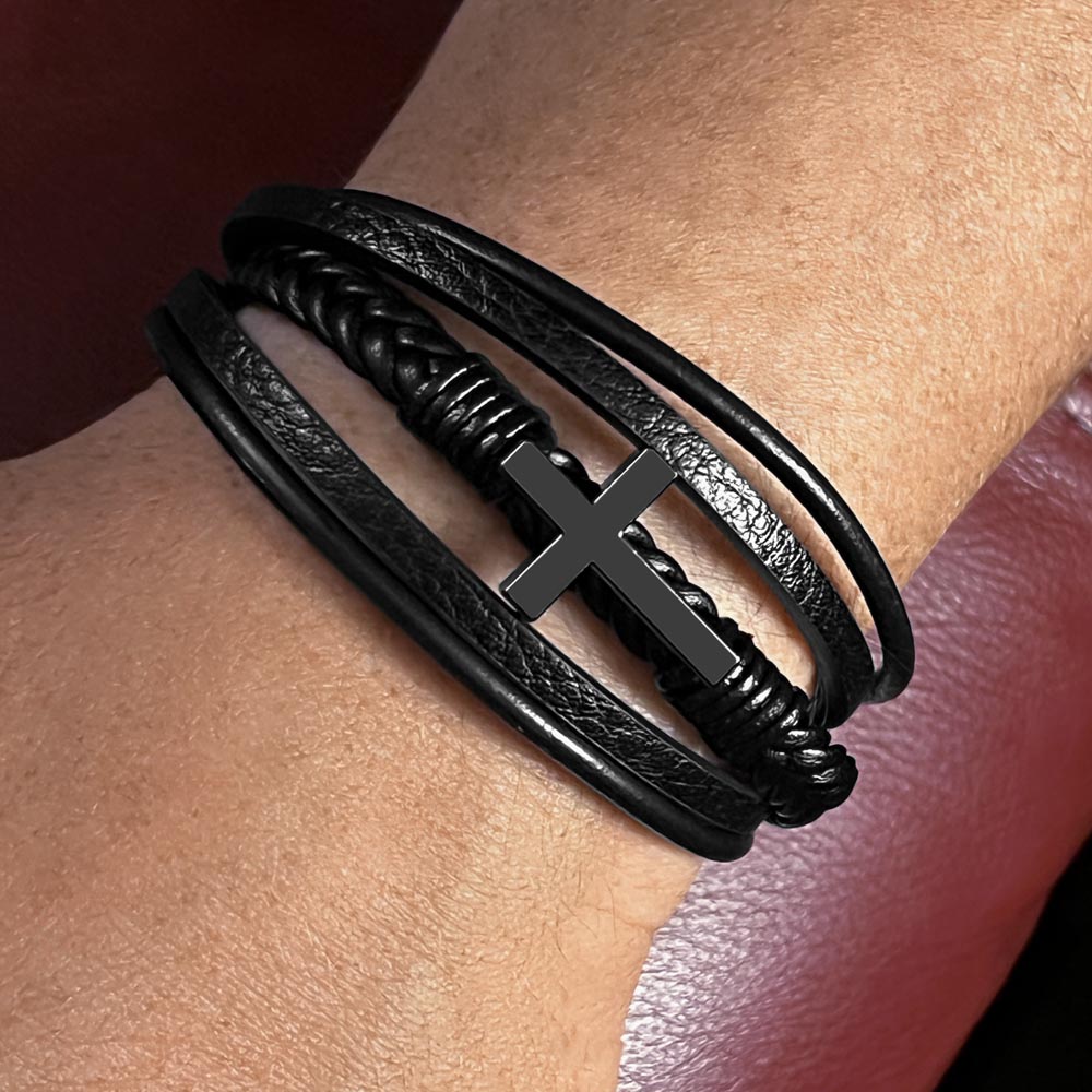 Men's Black Cross Vegan Leather Bracelet – Faith-Inspired Stylish Gift