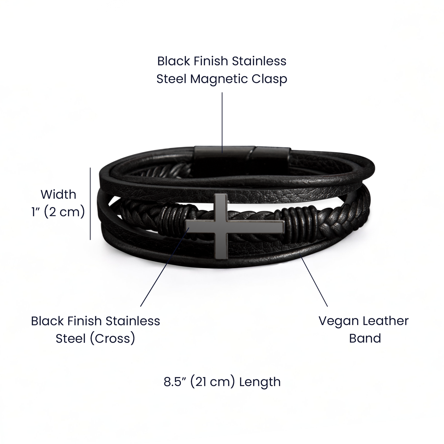 Men's Black Cross Vegan Leather Bracelet – Faith-Inspired Stylish Gift