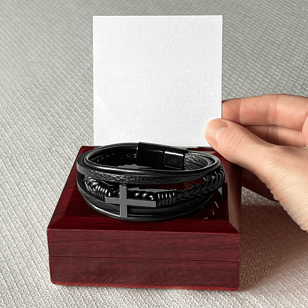 Men's Black Cross Vegan Leather Bracelet – Faith-Inspired Stylish Gift